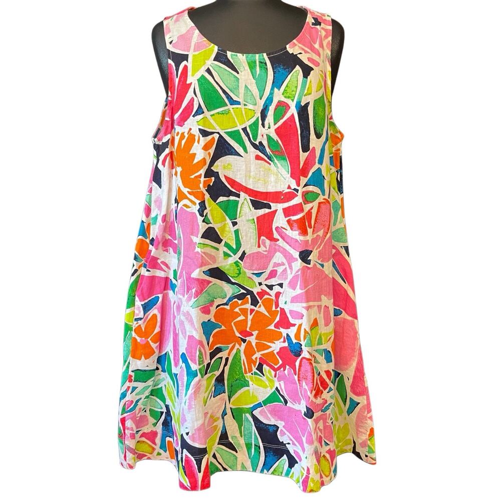 Cynthia Rowley S Linen A-Line Tropical Multicolor Resort Short Dress Round Neck